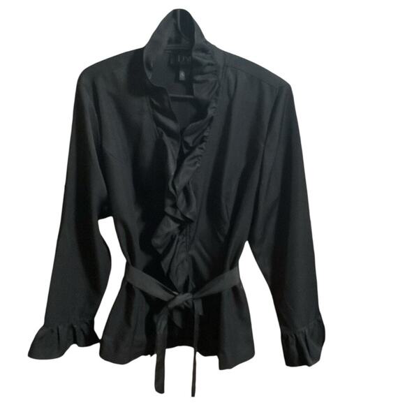 Donna Moore Blouse SZ M Black Light Weight Classy Dressy Ruffle Trim Waist Tie - Picture 1 of 9